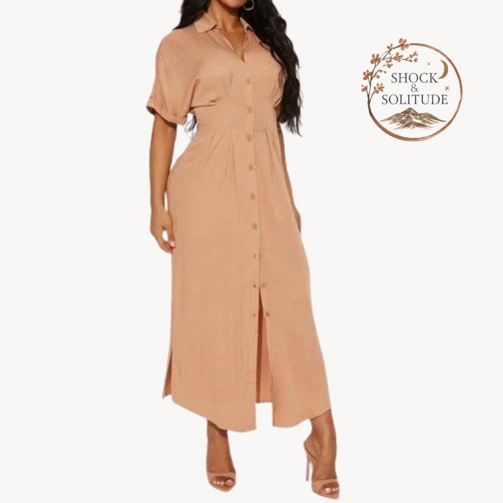 NWT Fashion Nova Tan Midi Dress | Button Front | Neutral Classic